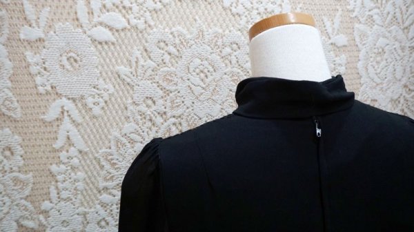 画像7: 無地 ブラック 長袖 レトロワンピース ボウタイカラー プリーツ[56120]