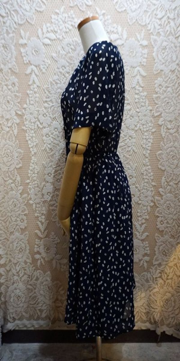 画像3: ドット柄 ネイビー 半袖 レトロワンピース ノーカラー[52845]
