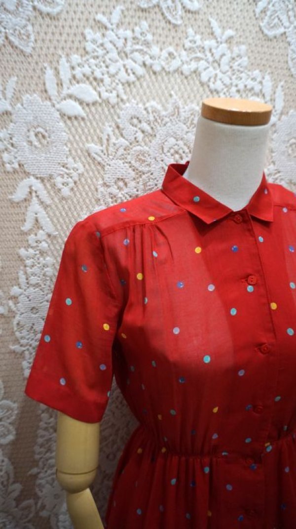 画像5: ドット柄 赤 半袖 レトロワンピース レギュラーカラー[52842]