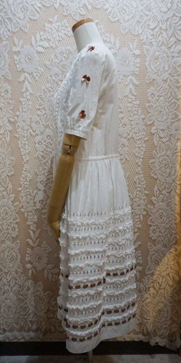 画像3: 無地 白 半袖 コットン レトロワンピース ノーカラー リボン フリル[52875]