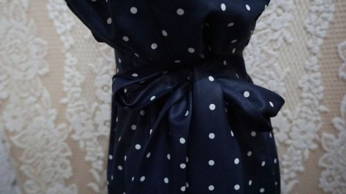 他の写真1: ドット柄 ネイビー 半袖 レトロワンピース ノーカラー[52874]