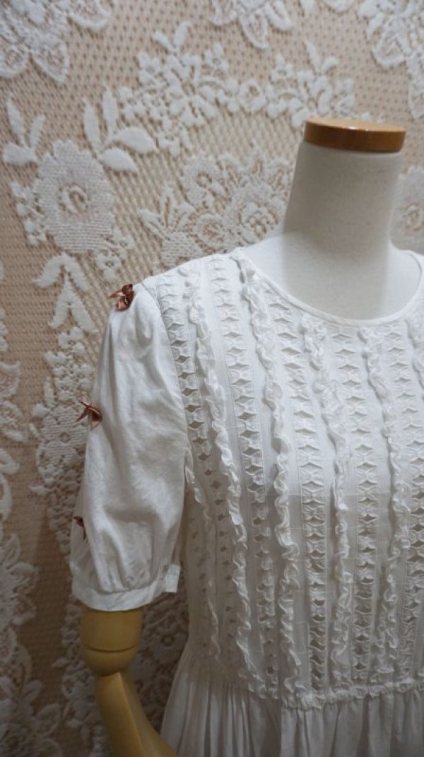 画像5: 無地 白 半袖 コットン レトロワンピース ノーカラー リボン フリル[52875]