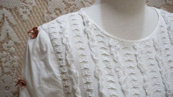 画像6: 無地 白 半袖 コットン レトロワンピース ノーカラー リボン フリル[52875]