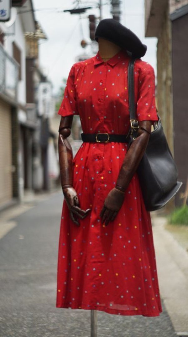 画像9: ドット柄 赤 半袖 レトロワンピース レギュラーカラー[52842]