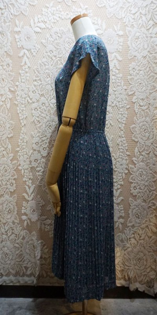 画像3: 花柄 ブルー系 半袖 レトロワンピース ノーカラー[52882]