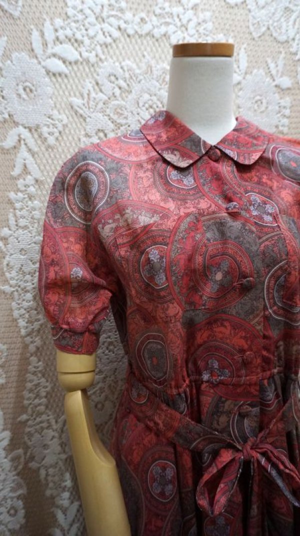 画像4: 鳥柄 花柄 半袖 レトロワンピース レギュラーカラー[52884]