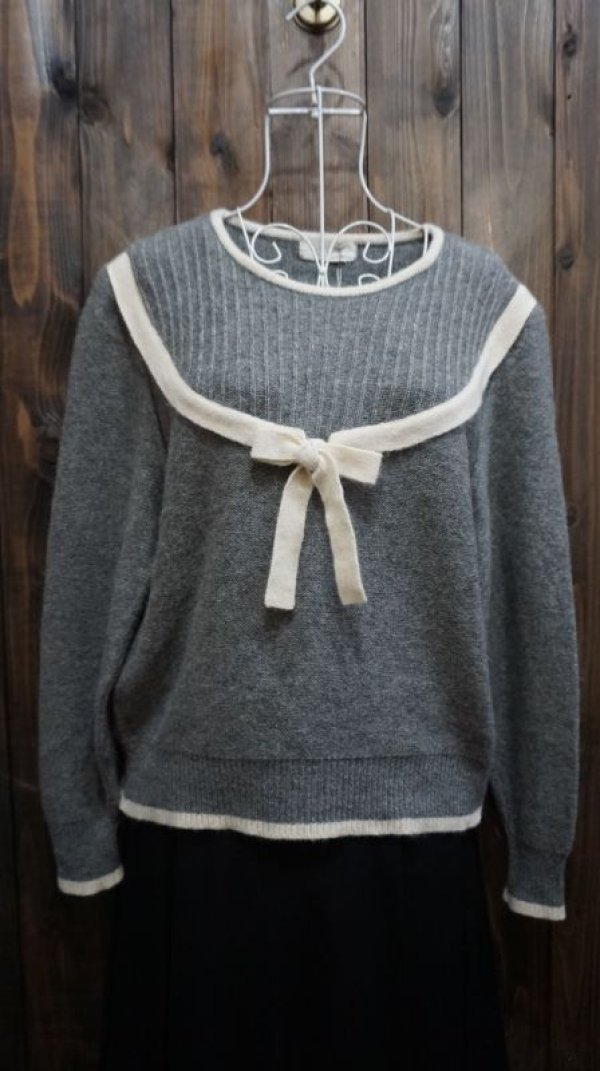 画像3: グレー ウール ニットセーター ノーカラー[25371]　