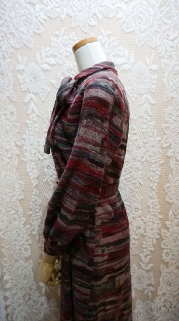 画像10: "Matsuzakaya" 長袖 エンジ ウール レトロワンピース ボウタイカラー[56180]