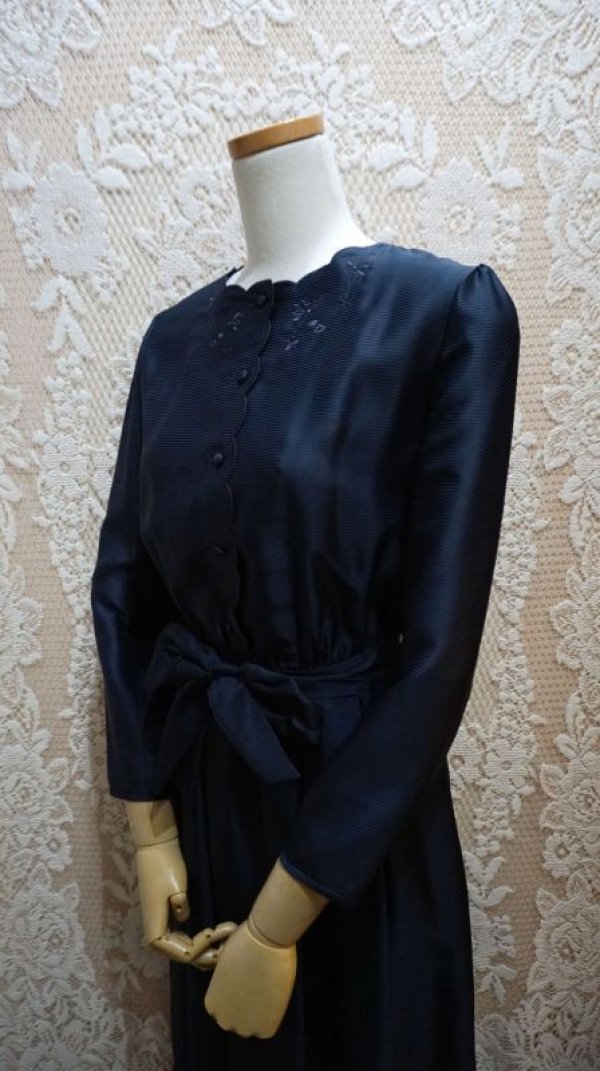 画像3: ネイビー 長袖 レトロワンピース スカラップネック[56181]