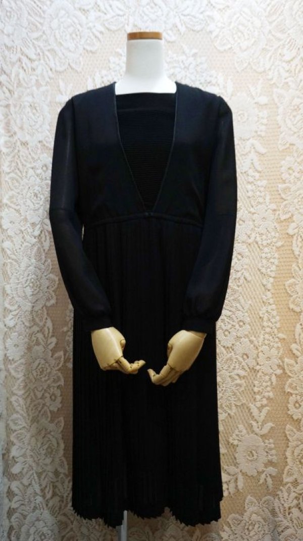 画像5: 無地 黒 長袖 レトロワンピース スクエアネック[56186]