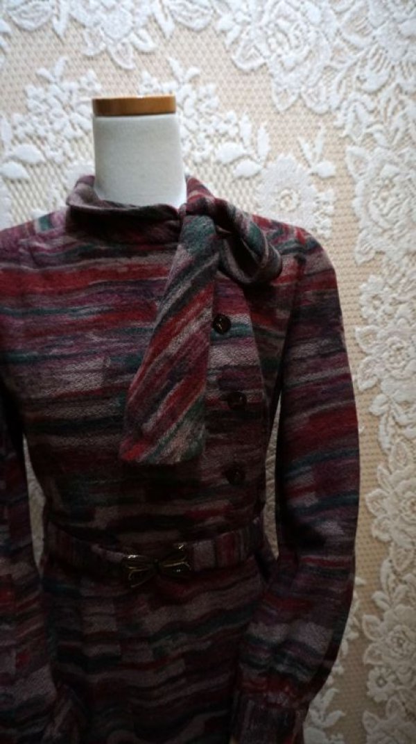 画像8: "Matsuzakaya" 長袖 エンジ ウール レトロワンピース ボウタイカラー[56180]