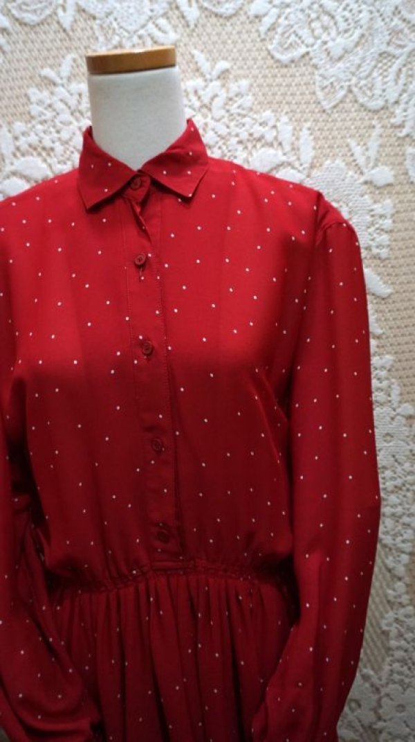 画像7: ドット柄  赤×白 長袖 レトロワンピース レギュラーカラー[56184]