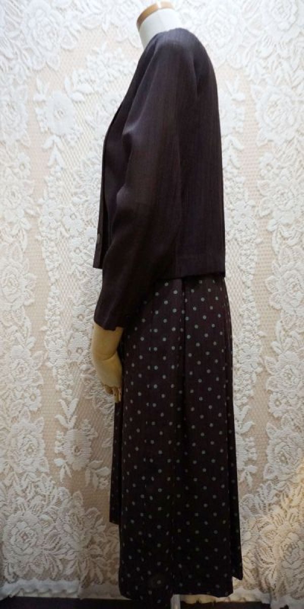 画像3: ドット柄 ブラウン 長袖 レトロワンピース ロールカラー [56198]