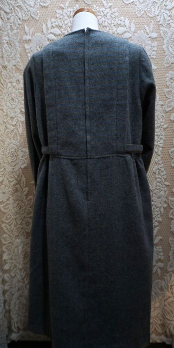 画像10: ストライプ柄 グレー×ブルー 長袖 ウール レトロワンピース ノーカラー[56206]