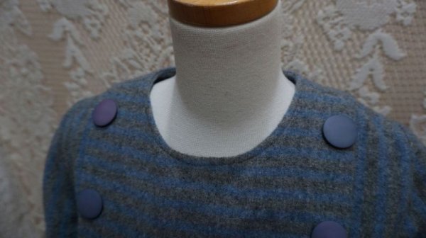 画像5: ストライプ柄 グレー×ブルー 長袖 ウール レトロワンピース ノーカラー[56206]