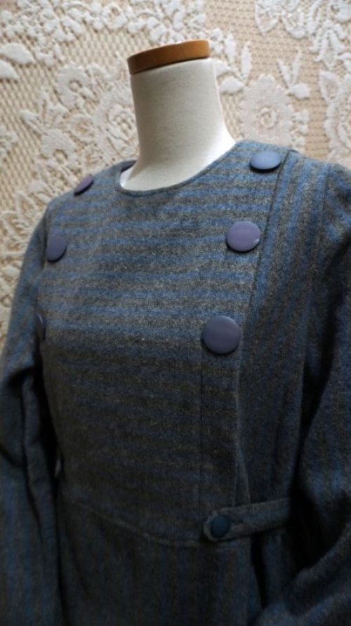 他の写真1: ストライプ柄 グレー×ブルー 長袖 ウール レトロワンピース ノーカラー[56206]