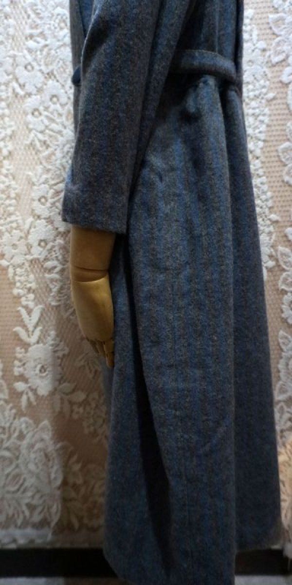 画像9: ストライプ柄 グレー×ブルー 長袖 ウール レトロワンピース ノーカラー[56206]