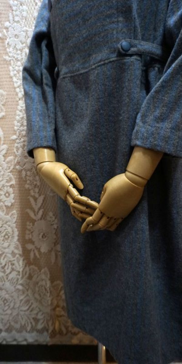 画像4: ストライプ柄 グレー×ブルー 長袖 ウール レトロワンピース ノーカラー[56206]