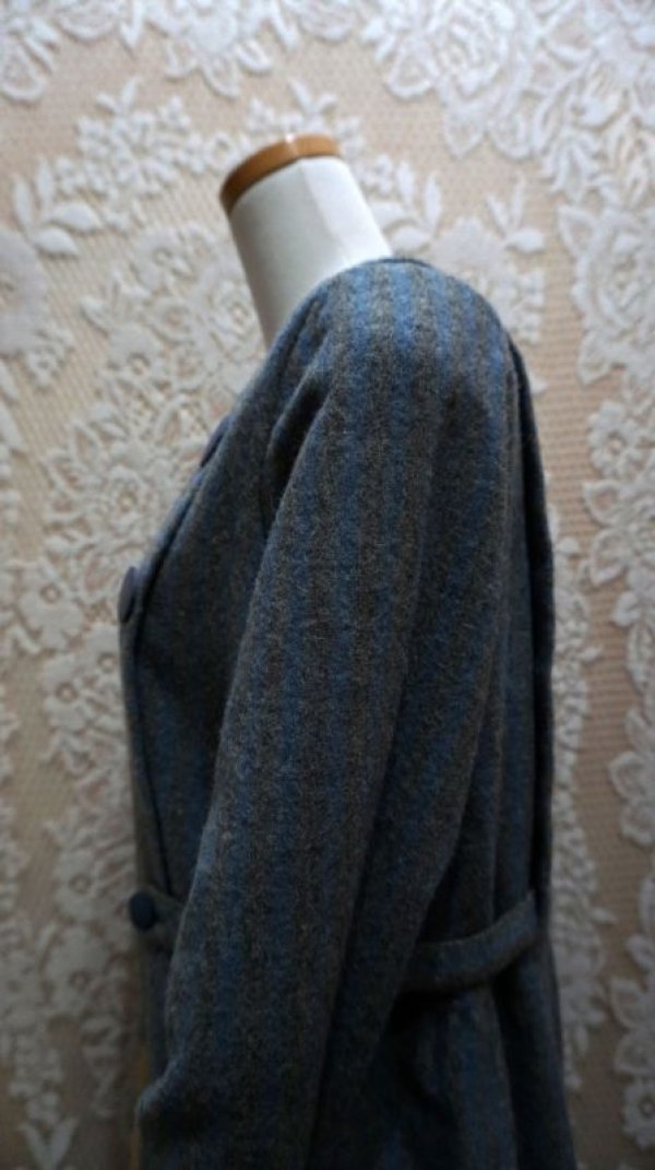 画像8: ストライプ柄 グレー×ブルー 長袖 ウール レトロワンピース ノーカラー[56206]