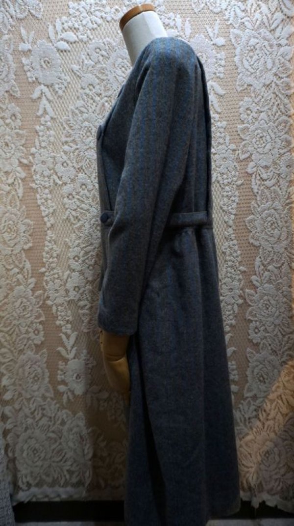 画像7: ストライプ柄 グレー×ブルー 長袖 ウール レトロワンピース ノーカラー[56206]