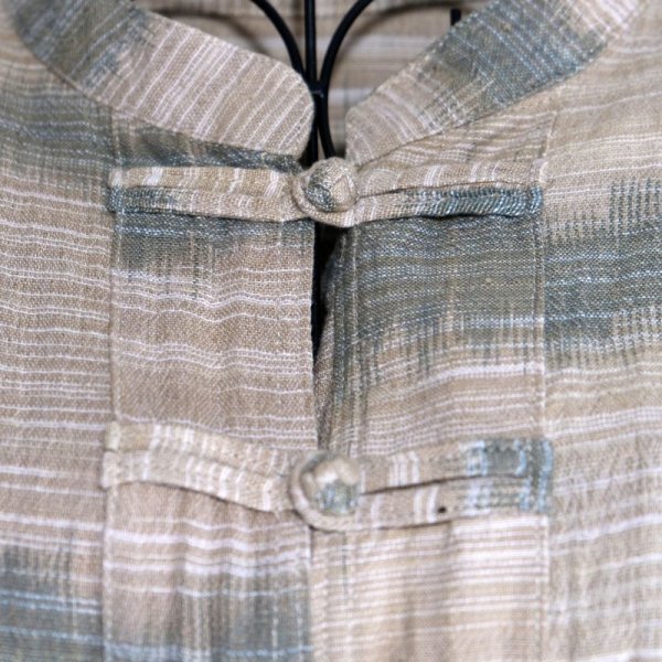 画像6: 柄 ベージュ×緑 半袖 チャイナ ブラウス コットンマオカラー[16148]