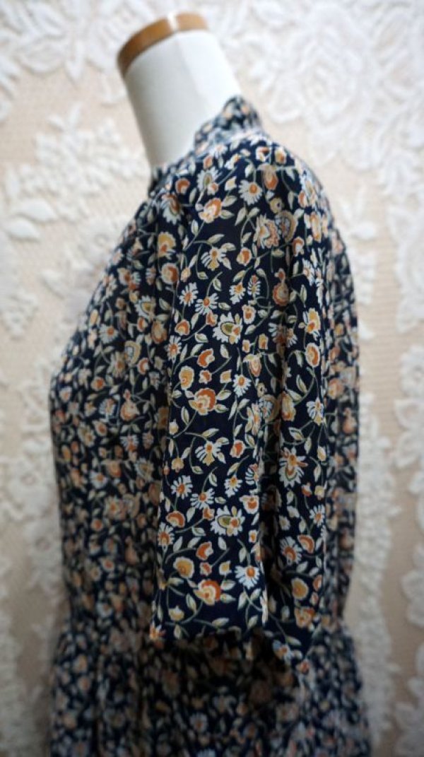 画像6: 花柄 ネイビー 半袖 レトロワンピース スタンドカラー [56269]