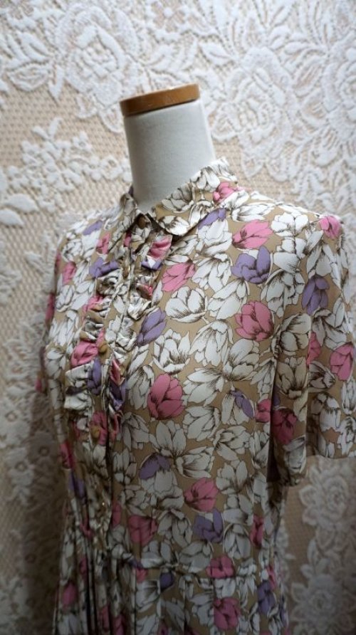 他の写真1: 花柄 ブラウン系 半袖 レトロワンピース レギュラーカラー [56273]