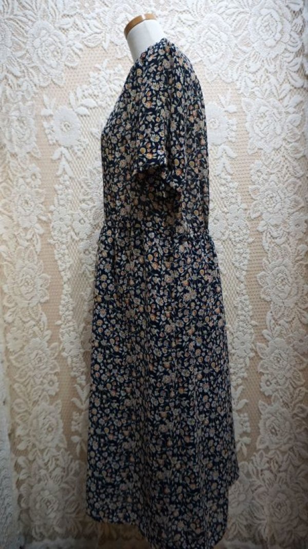 画像3: 花柄 ネイビー 半袖 レトロワンピース スタンドカラー [56269]