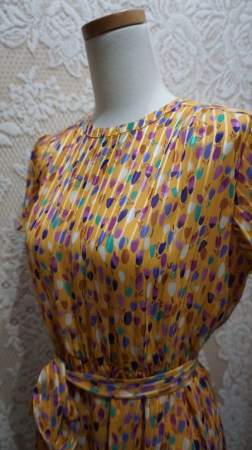 他の写真1: 花柄 イエロー 半袖 レトロワンピース スタンドカラー [56272]