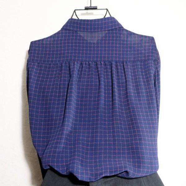 画像8: チェック柄 ネイビー×赤 長袖 ブラウス レギュラーカラー[16157]