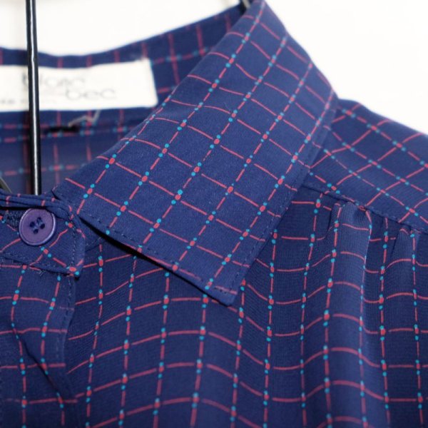 画像6: チェック柄 ネイビー×赤 長袖 ブラウス レギュラーカラー[16157]