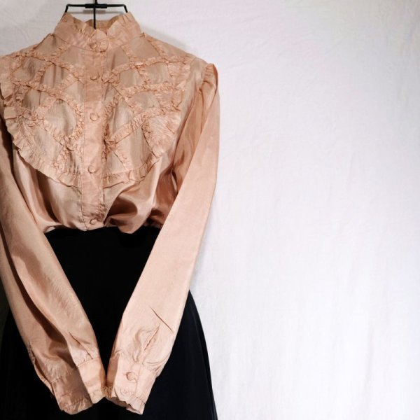 画像5: 無地 ピンク系 長袖 ブラウス スタンドカラー[16159]