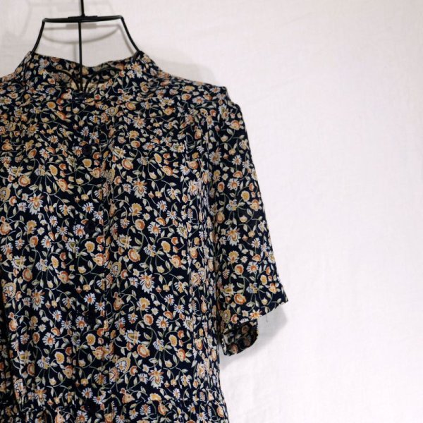 画像11: 花柄 ネイビー 半袖 レトロワンピース スタンドカラー [56269]