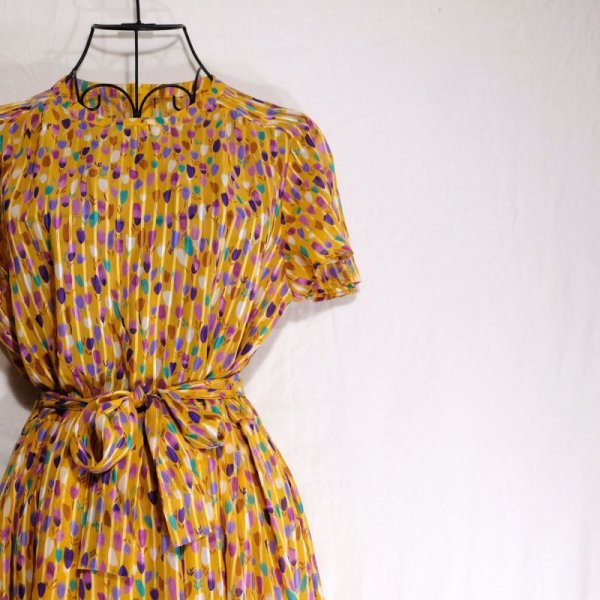 画像11: 花柄 イエロー 半袖 レトロワンピース スタンドカラー [56272]