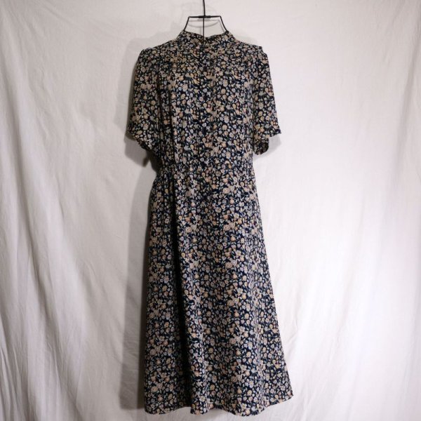 画像10: 花柄 ネイビー 半袖 レトロワンピース スタンドカラー [56269]