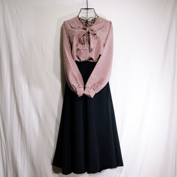 画像3: ドット柄 赤 長袖 ブラウス セーラーカラー ボウタイ[16175]