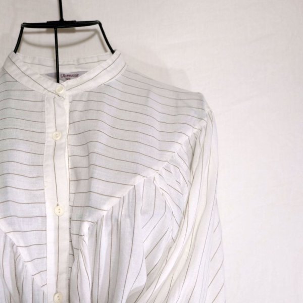 画像5: ストライプ柄 白 半袖 コットン ブラウス スタンドカラー[16189]