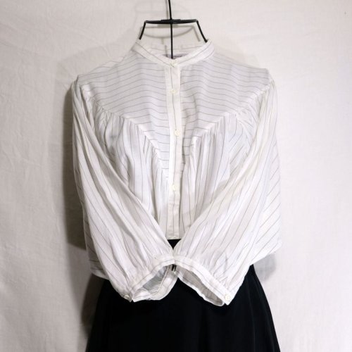 他の写真1: ストライプ柄 白 半袖 コットン ブラウス スタンドカラー[16189]