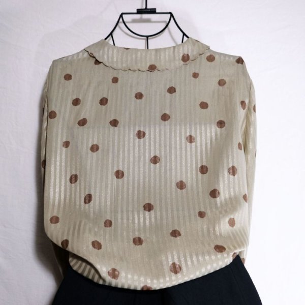 画像7: ドット柄 グリーン系 長袖 ブラウス スカラップカラー[16181]