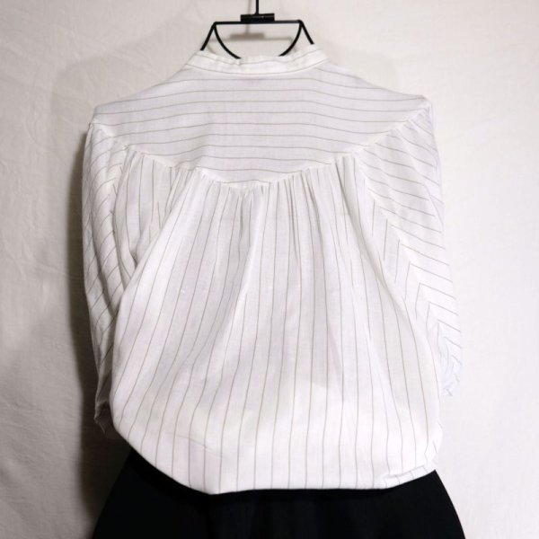 画像7: ストライプ柄 白 半袖 コットン ブラウス スタンドカラー[16189]