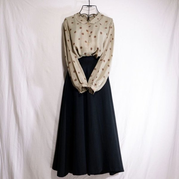 画像3: ドット柄 グリーン系 長袖 ブラウス スカラップカラー[16181]