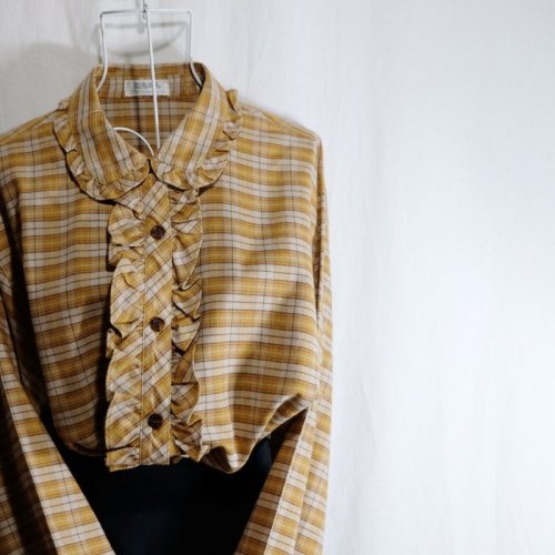 他の写真1: チェック柄 オレンジ 長袖 ブラウス フリルカラー[16436]