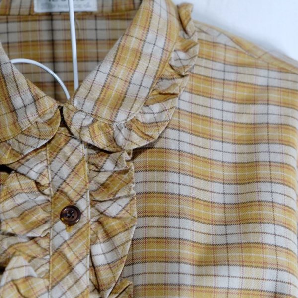 画像4: チェック柄 オレンジ 長袖 ブラウス フリルカラー[16436]