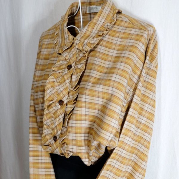 画像5: チェック柄 オレンジ 長袖 ブラウス フリルカラー[16436]