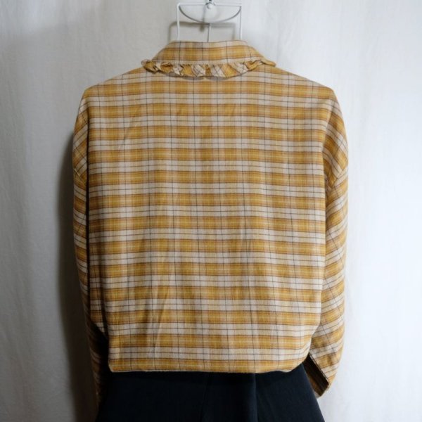 画像6: チェック柄 オレンジ 長袖 ブラウス フリルカラー[16436]