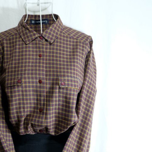 他の写真1: チェック柄 ブラウン 長袖 ブラウス レギュラーカラー[16437]