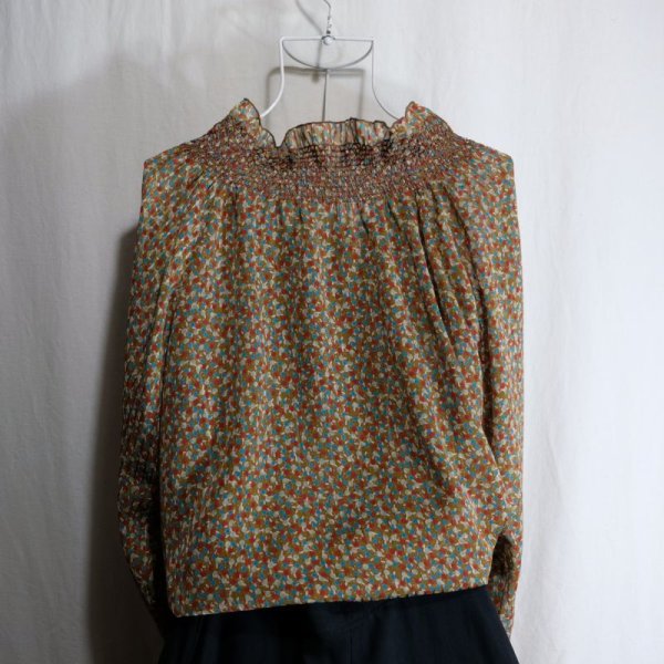 画像7: 柄 カーキ 長袖 ブラウス ノーカラー[16442]