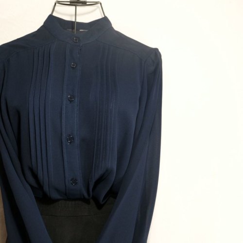 他の写真1: 無地 ネイビー 長袖 ブラウス スタンドカラー[16218]