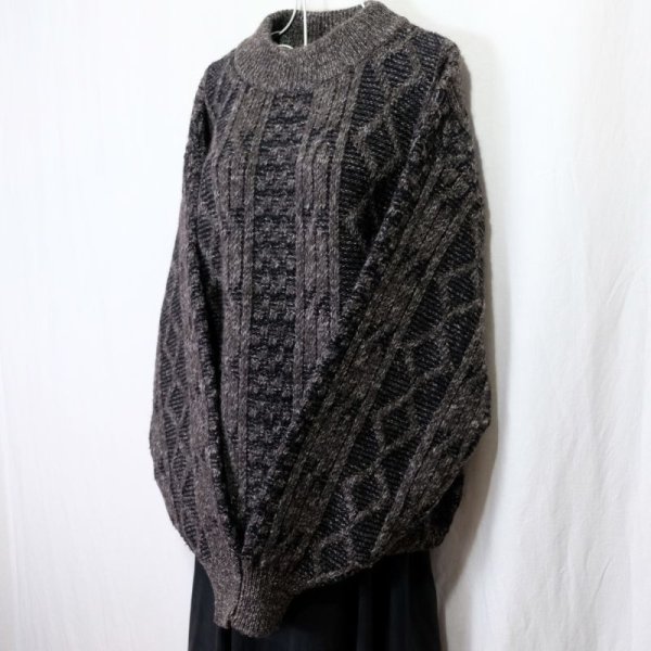 画像5: グレー×ブラウン系 セーター アラン ニット ハイネック [25556]
