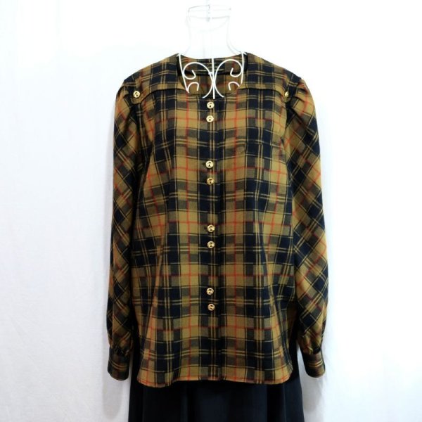 画像11: チェック柄 黒×茶色 長袖 ブラウス ノーカラー[16455]
